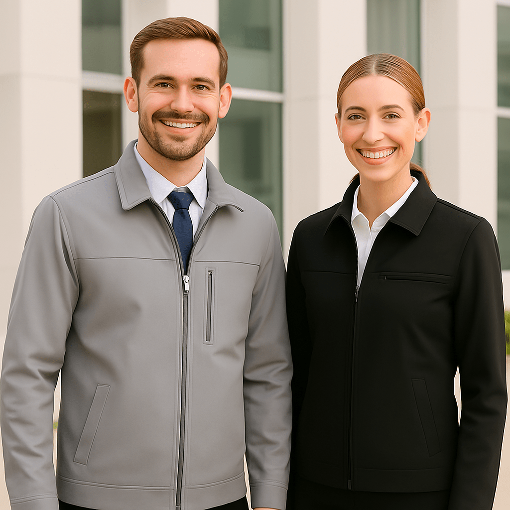 Team members in branded corporate jackets